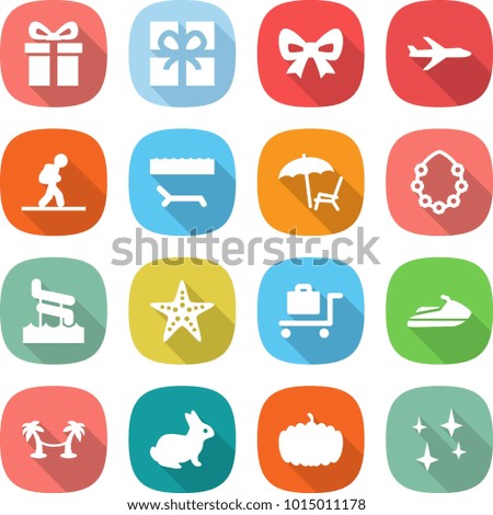 flat vector icon set - gift vector, bow, plane, tourist, lounger, hawaiian wreath, aquapark, starfish, baggage trolley, jet ski, palm hammock, rabbit, pumpkin, shining