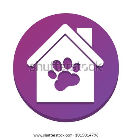 Pet shop, store building sign illustration. Vector. White icon with flat shadow on purpureus circle at white background. Isolated.