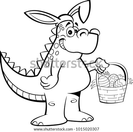 Black and white illustration of a dinosaur wearing rabbit ears and holding an Easter basket.