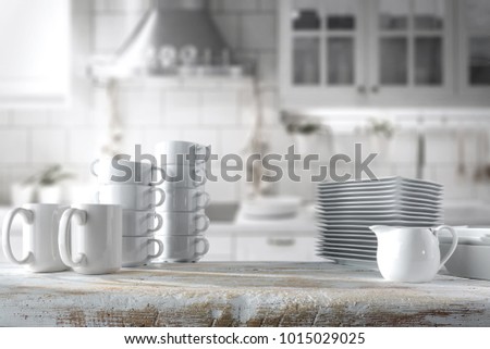 Table background of free space and kitchen of white color. 