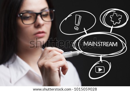 The concept of business, technology, the Internet and the network. A young entrepreneur working on a virtual screen of the future and sees the inscription: Mainstream