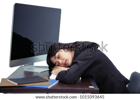 Asian office girl sleeping on desk because of working very hard, isolated with clipping path