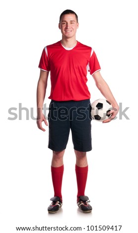 soccer player is holding ball isolated on white Royalty-Free Stock Photo #101509417