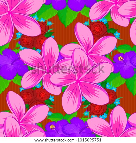 Bright beautiful plumeria flowers seamless background. Abstract cute floral print in violet, pink and magenta colors.