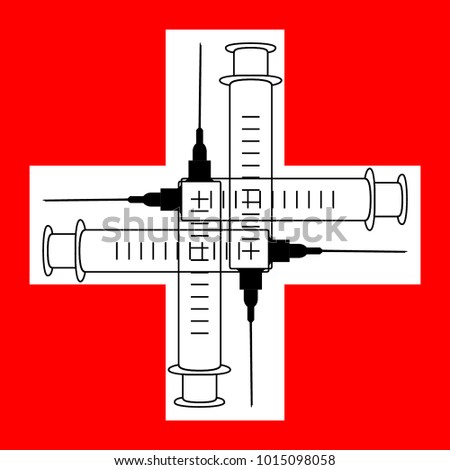 White plus sign with red background and 4 needle syringes cross over each other. Vector EPS 8.