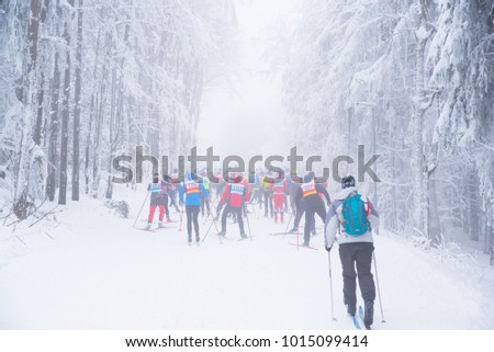 Group of nordic ski athlete in professional cross country ski race. Sport photo, edit space. Pyeongchang 2018