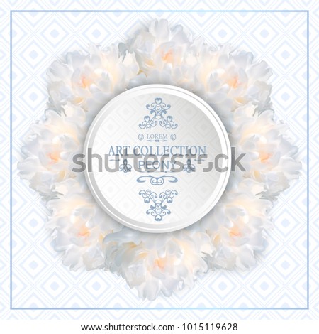 Vector square banner with realistic flowers of white peony. Floral round wreath with frame for text. Design template for wedding invitation, greeting card, cosmetic product
