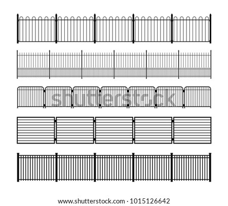 Set of different simple modular metal fence silhouettes. Horizontally seamless metal fence elements. Black fencing silhouettes from construction metal, wrought iron or steel. Vector brushes included. Royalty-Free Stock Photo #1015126642