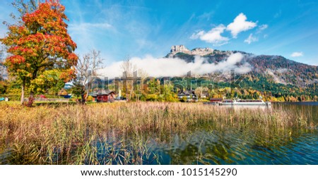 Colorful autumn scene of Altausseer See lake. Romantic morning view from of Altaussee village, district of Liezen in Styria, Austria. Orton Effect.