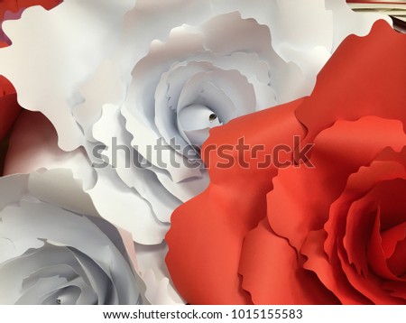 white and red paper flowers as background, Valentine's day decor, bridal bouquet, wedding decor