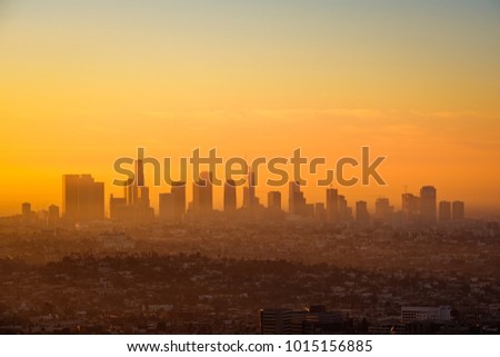 Los Angeles skyline viewed from Griffith observatory at sunrise, California, USA