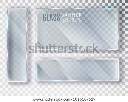 Glass transparent banners set. Vector glass plates with a place for inscriptions isolated on transparent background. Flat glass. Realistic 3D design. Vector transparent object 10 eps. Royalty-Free Stock Photo #1015167529