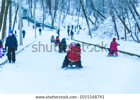 kids rid on sleigh in winter day in city park