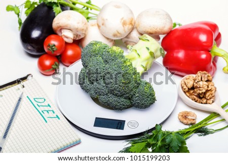Weigh products on electronic kitchen scales and record the results. The concept of healthy eating, diet, calorie counting, eating restrictions Royalty-Free Stock Photo #1015199203