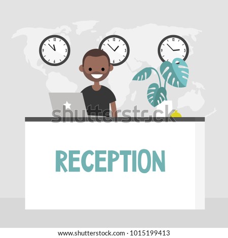 Young smiling concierge standing behind the reception desk. Hotel lobby. Tourism. Flat editable vector illustration, clip art