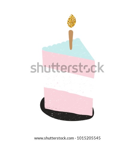 Cute piece of cake with a candle. Holiday card. Vector hand drawn illustration.