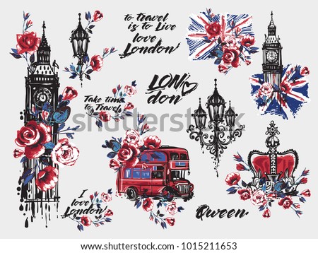 Watercolor London vector illustration collection. Retro british grunge graphic for textile design or t-shirt print. Isolated elements on white background Royalty-Free Stock Photo #1015211653
