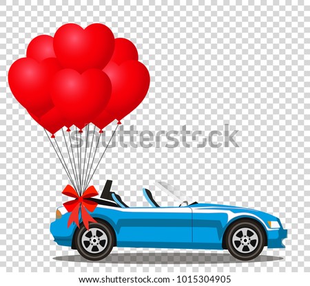Blue modern opened cartoon cabriolet car with bunch of red helium heart shaped balloons with festive ribbon isolated on transparent background. Sport car. Vector illustration. Clip art. 