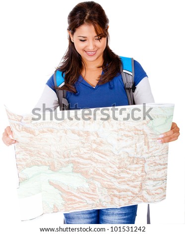 Female explorer holding a map - isolated over a white background
