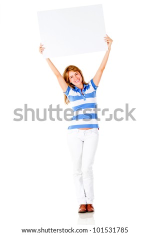 Woman holding a banner ad - isolated over a white background