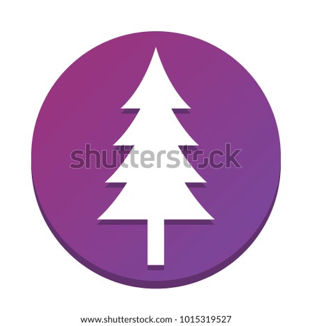 New year tree sign. Vector. White icon with flat shadow on purpureus circle at white background. Isolated.