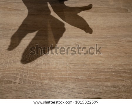 The shadow of the upside down monster animals daddy and son on the wooden table background that look likes dinosaurs.