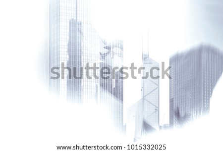 Double exposure of businessman and Hong Kong city view in blue color