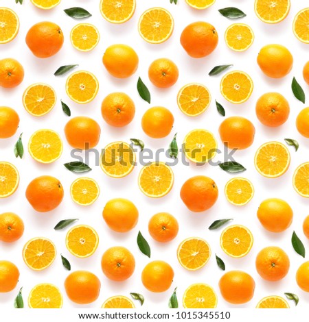 pattern of fresh oranges isolated on white background, top view, flat lay. Food texture background. Healthy food, detox, diet.