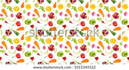 Food texture. pattern of various fresh vegetables and fruits isolated on white background, top view, flat lay. 