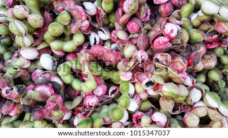 Manila tamarind has a pink and green shell with a bitter taste. Pithecellobium dulce background.   