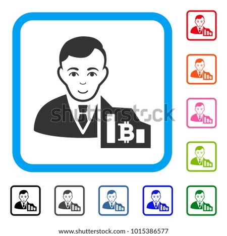 Happy Bitcoin Trader vector icon. Human face has cheerful feeling. Black, grey, green, blue, red, orange color variants of bitcoin trader symbol inside a rounded squared frame.