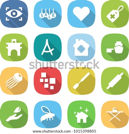 flat vector icon set - eye identity vector, sale, heart, medical label, arch, draw compass, smart house, port, jellyfish, blocks, spatula, rolling pin, hand leaf, wasp, cleaning, iron board