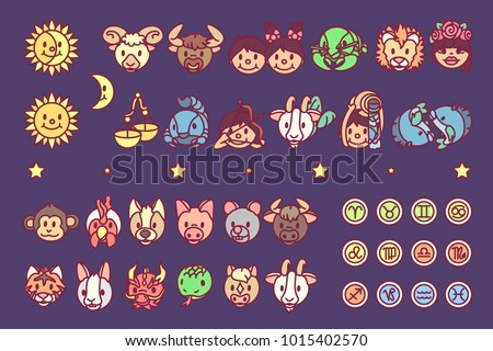 vector Flat horosopes graphic icons concept for kids. Cute cartoon character design elements. Zodiac objects collection. Colorful astrology illustration. Patterns set on blue background 2