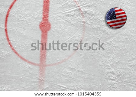 Fragment of the hockey arena with a central circle and an American washer. Concept, hockey