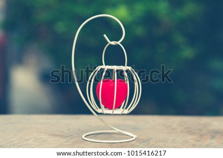 Vintage red heart inside the cage on wood table with nature background