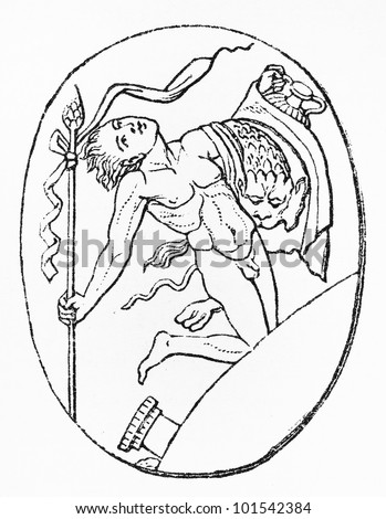 Vintage 19th century drawing of Dionysus with Thyrsus - Picture from Meyers Lexicon books collection (written in German language) published in 1908, Germany.
