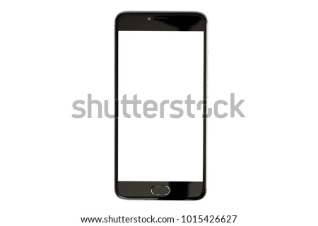 Modern smartphone black color with blank screen isolated on white background Royalty-Free Stock Photo #1015426627