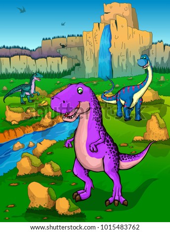 Cute cartoon Tyrannosaurus, Diplodocus and velociraptor on the background of nature. Vector illustration of a cartoon dinosaurs.