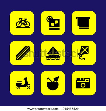 Summertime vector icon set. towel, photo camera, bicycle and cocktail