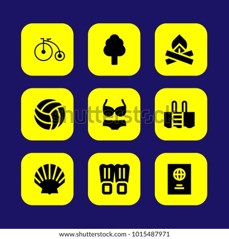 Summertime vector icon set. passport, volleyball, bicycle and shell