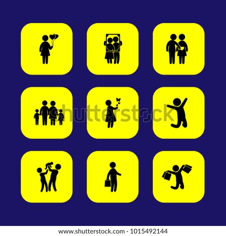 Humans vector icon set. girl with butterflies, jumping man, couple and child