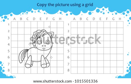 Copy the picture using a grid. Educational game for children. How to draw cute cartoon pony