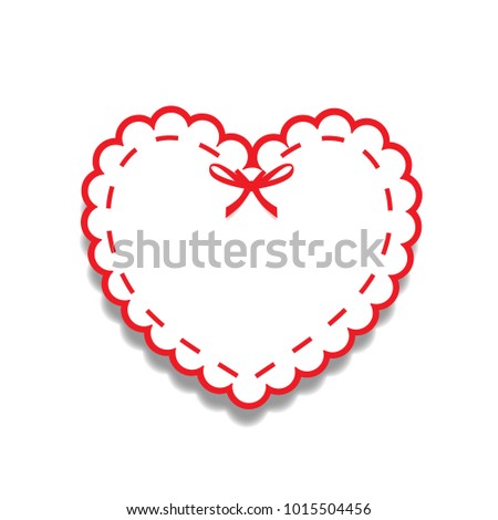 White and red paper cut lacy girly heart, sticker with ribbon and copy space. Heart stamp for baby, valentines or wedding scrapbooking design isolated on white. illustration, clip art.