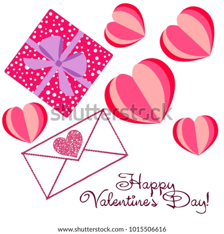 Greeting card day of St. Valentine. Abstract design, hearts, gifts, vector.