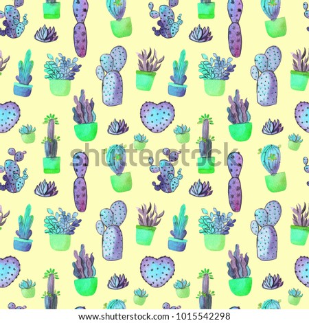 Watercolor cactus seamless pattern. Colorful vibrant cactus in pots and other succulents