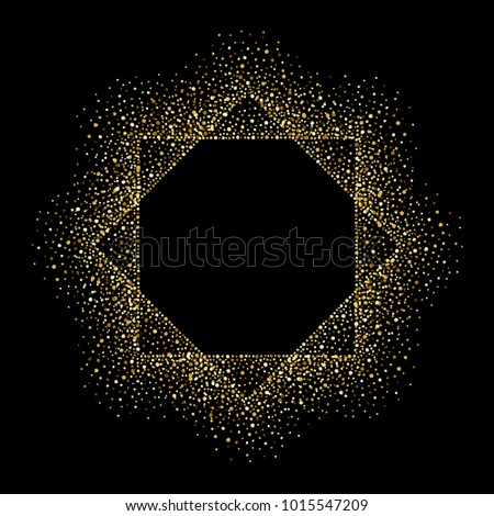 Octagon golden frame. Gold polygonal border made of tiny uneven round dots, blobs. Splash or glittering spangles luxury art deco frame with empty center for text.  Abstract background, two squares.