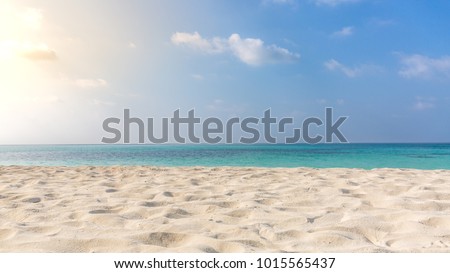 Endless beach scene, calm summer nature landscape. Blue sky and soft ocean waves