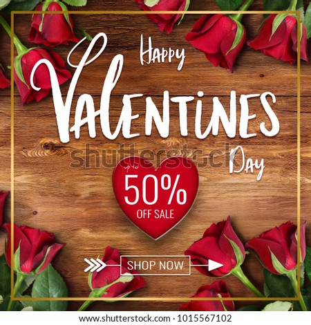 Valentines Day Sale Up To 50% Off Banner with red roses and love hearts as a background.