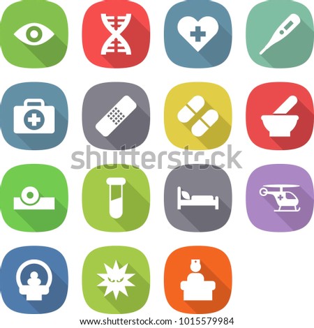 flat vector icon set - eye vector, dna, heart cross, medical thermometer, doctor case, patch, pill, mortar, head reflector, test vial, hospital bed, ambulance helicopter, tomography, virus