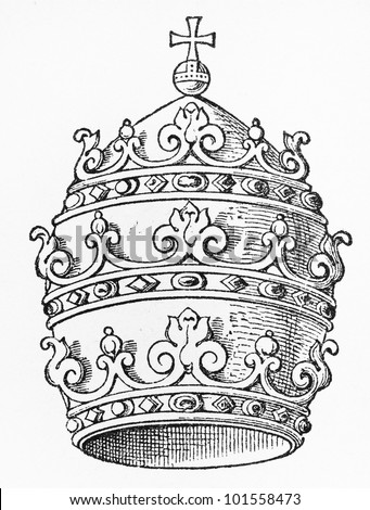 Vintage 19th century drawing of the Papal Tiara - Picture from Meyers Lexicon books collection (written in German language) published in 1908, Germany.